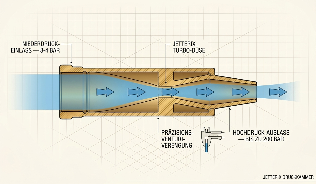 Diagramm der Jetterix-Druckkammer — Querschnitt mit Niederdruck-Einlass, Venturi-Verengung und Hochdruck-Auslass